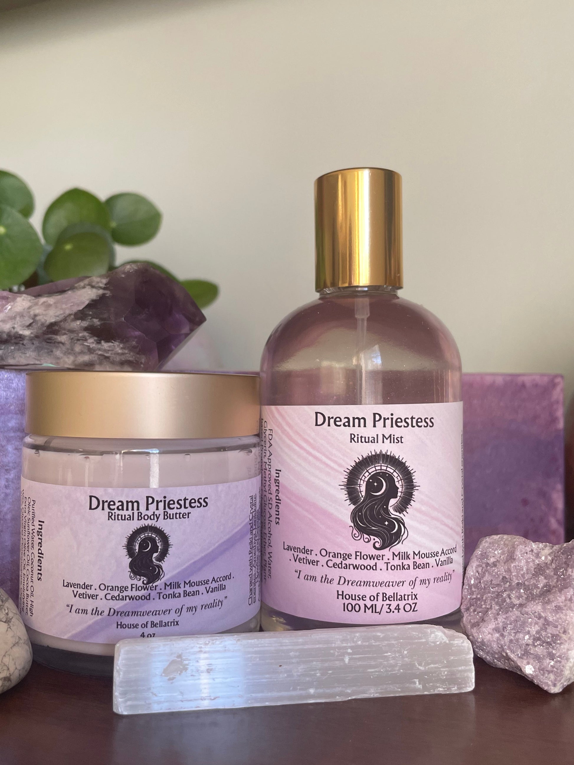 Bottle and jar of 'Dream Priestess' product on a neutral background