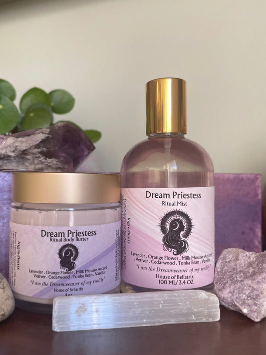 Bottle and jar of 'Dream Priestess' product on a neutral background
